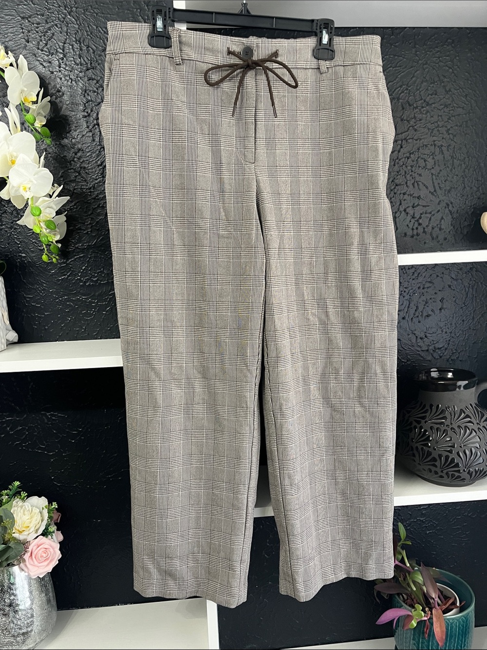 Wide Leg Plaid Pull-Tie Pants in Taupe